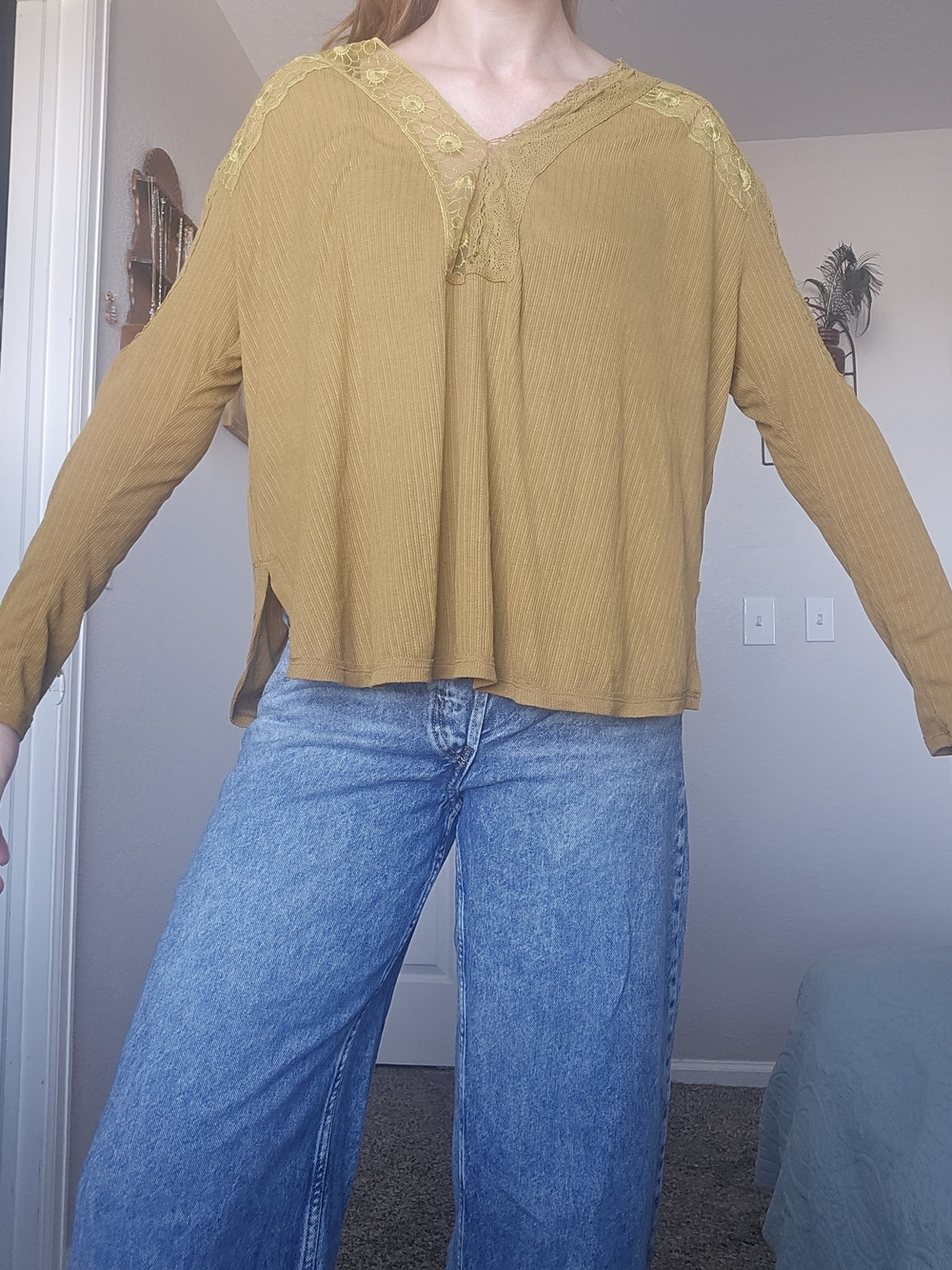 Free People Mustard Lace-Trim V-Neck Long Sleeve Top